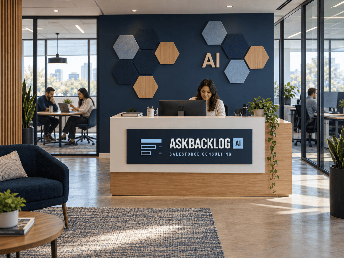 Office concept with people working, AskBacklogAI branding on the reception desk, and honeycomb panels around AI lettering on the wall
