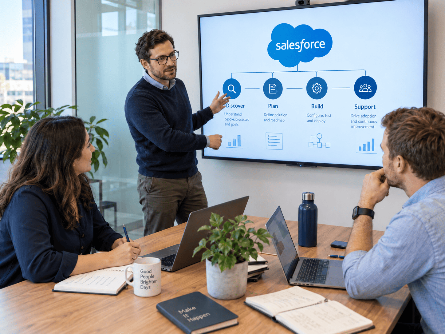 Illustrative Salesforce consulting workshop with a team discussing discovery, planning, implementation, and support